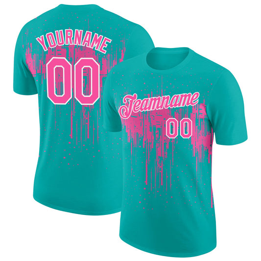 Custom Aqua Pink-White Dripping Splatter Paint Performance T-Shirt - Main View