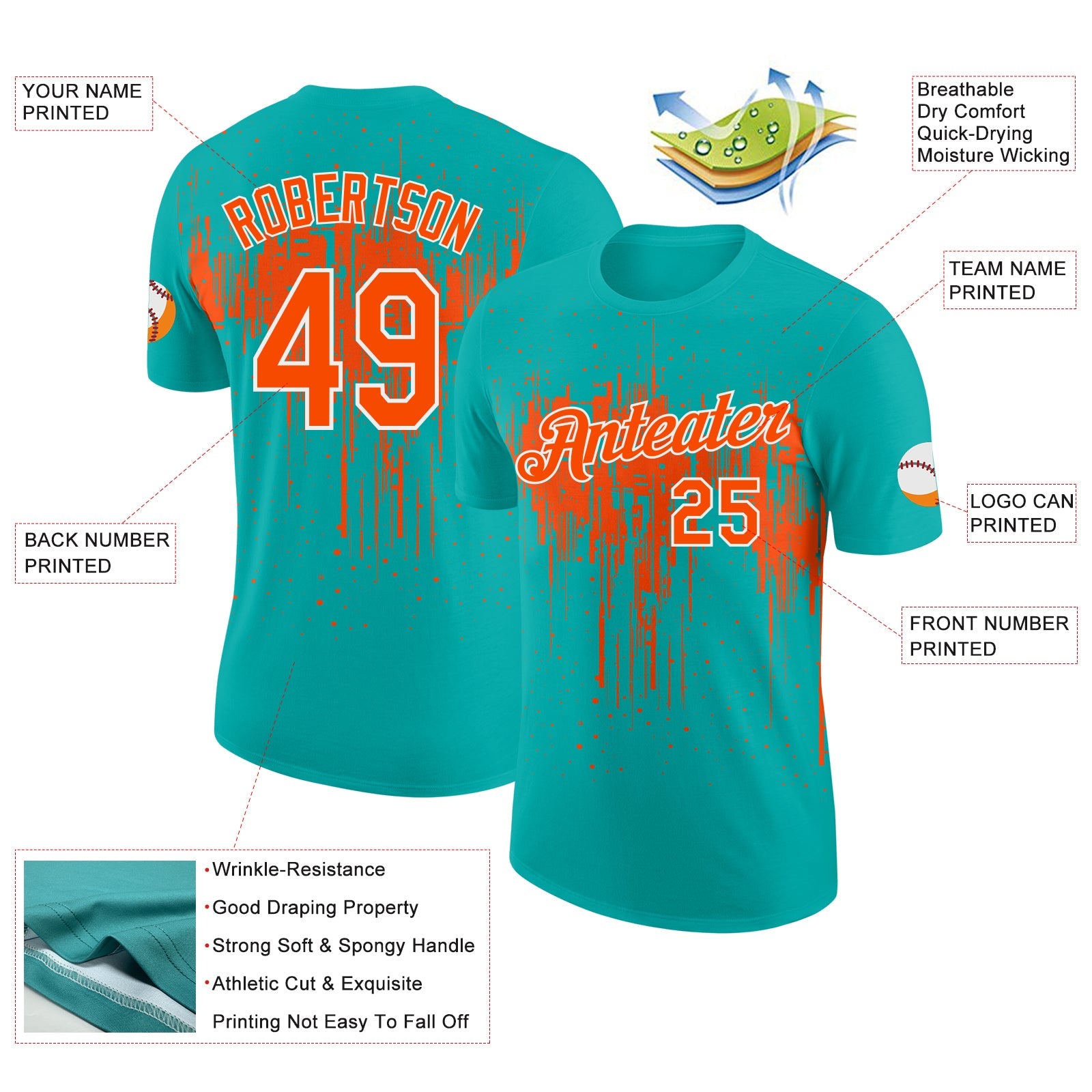 Custom Aqua Orange-White Dripping Splatter Paint Performance T-Shirt view 2