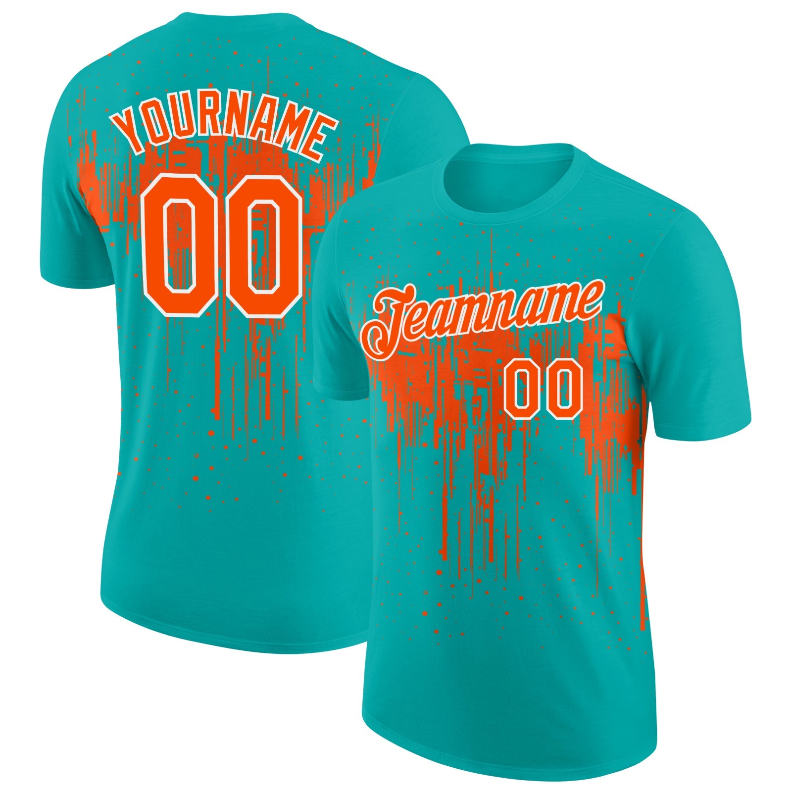 Custom Aqua Orange-White Dripping Splatter Paint Performance T-Shirt - Main View