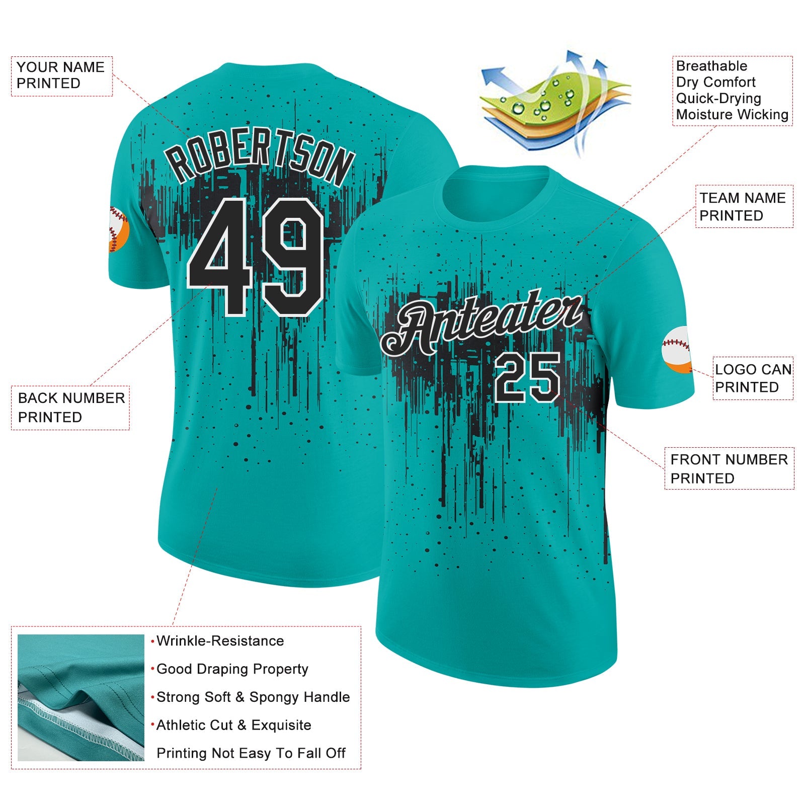 Custom Aqua Black-White Dripping Splatter Paint Performance T-Shirt view 2