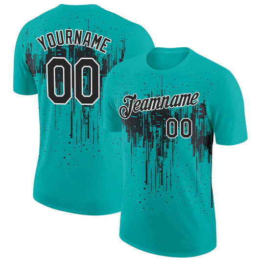 Custom Aqua Black-White Dripping Splatter Paint Performance T-Shirt - Main View