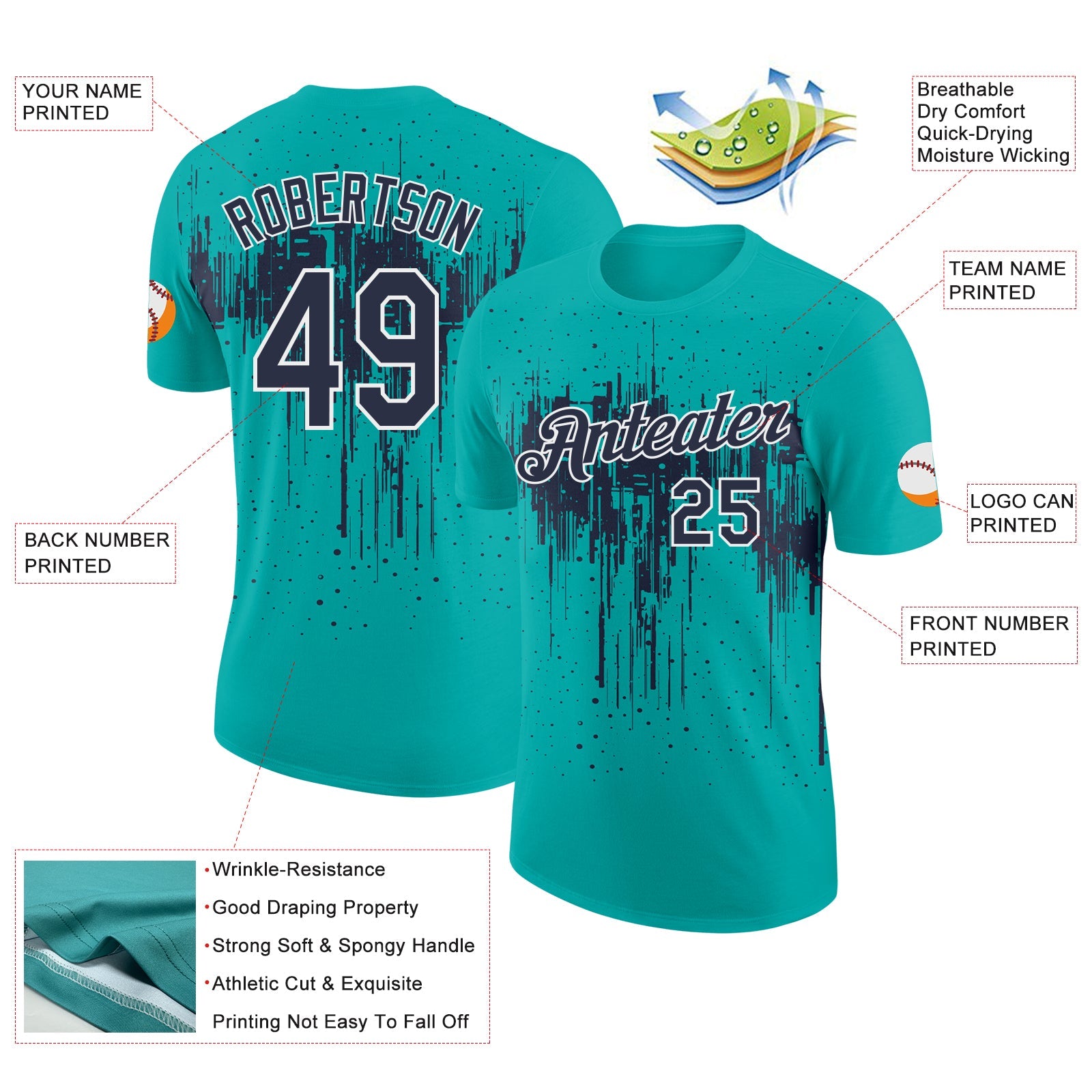 Custom Aqua Navy-White Dripping Splatter Paint Performance T-Shirt view 2