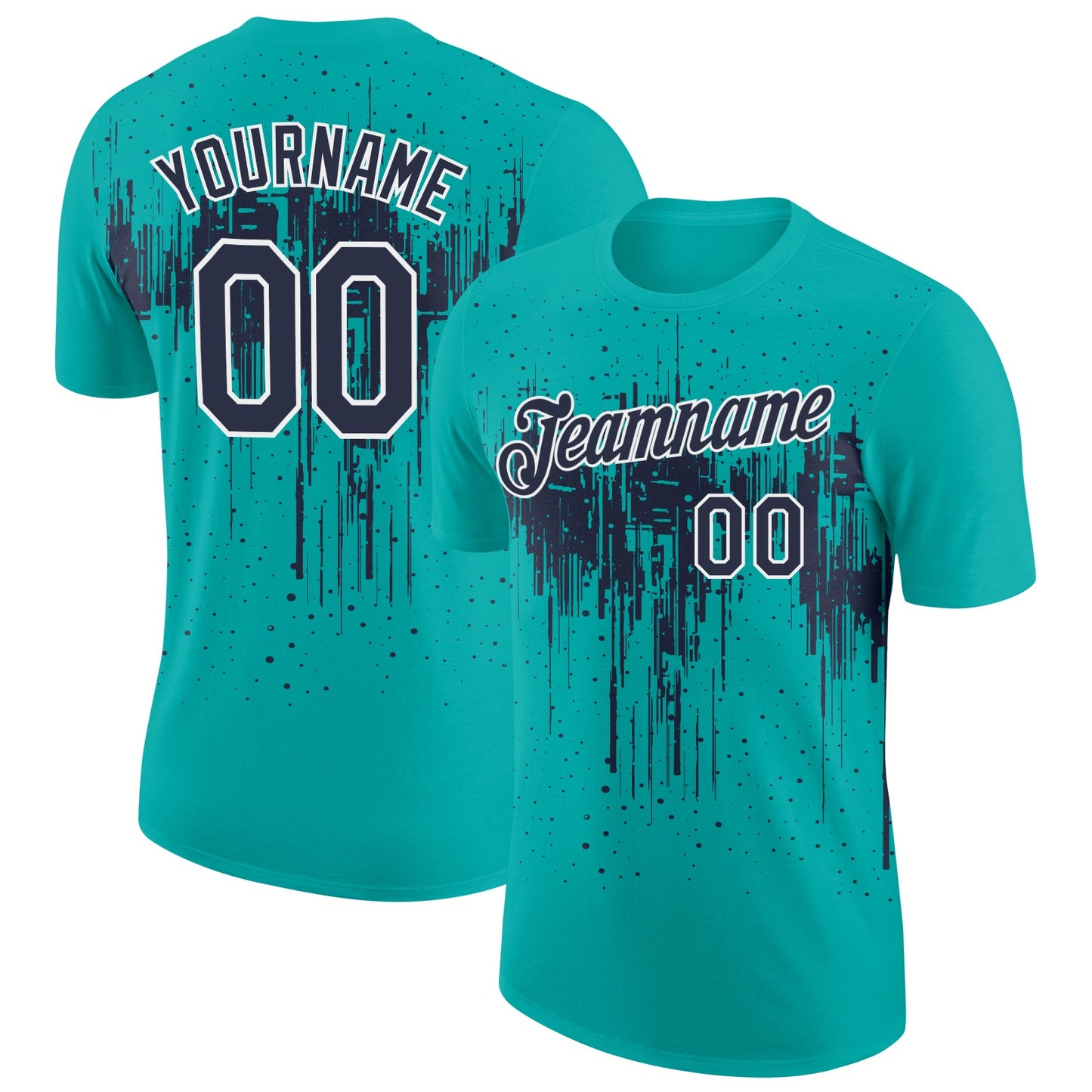 Custom Aqua Navy-White Dripping Splatter Paint Performance T-Shirt - Main View