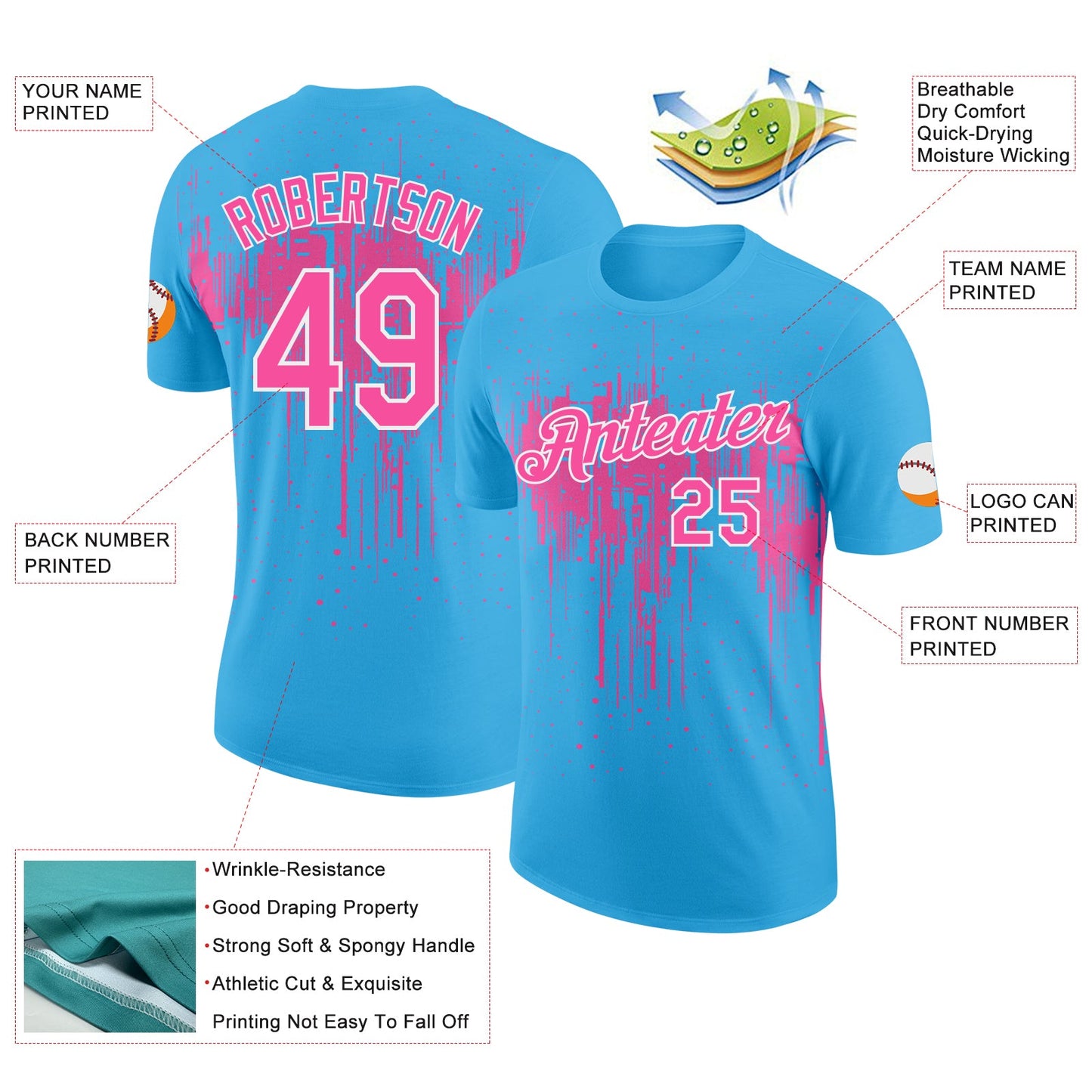 Custom Sky Blue Pink-White Dripping Splatter Paint Performance T-Shirt view 2