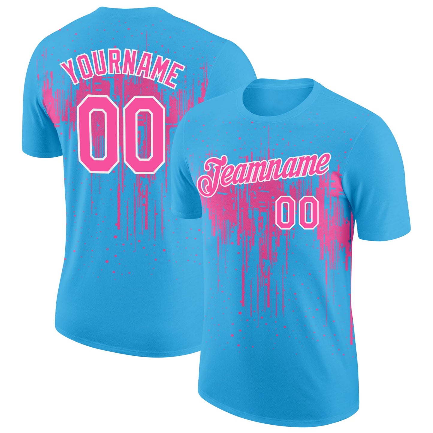 Custom Sky Blue Pink-White Dripping Splatter Paint Performance T-Shirt - Main View
