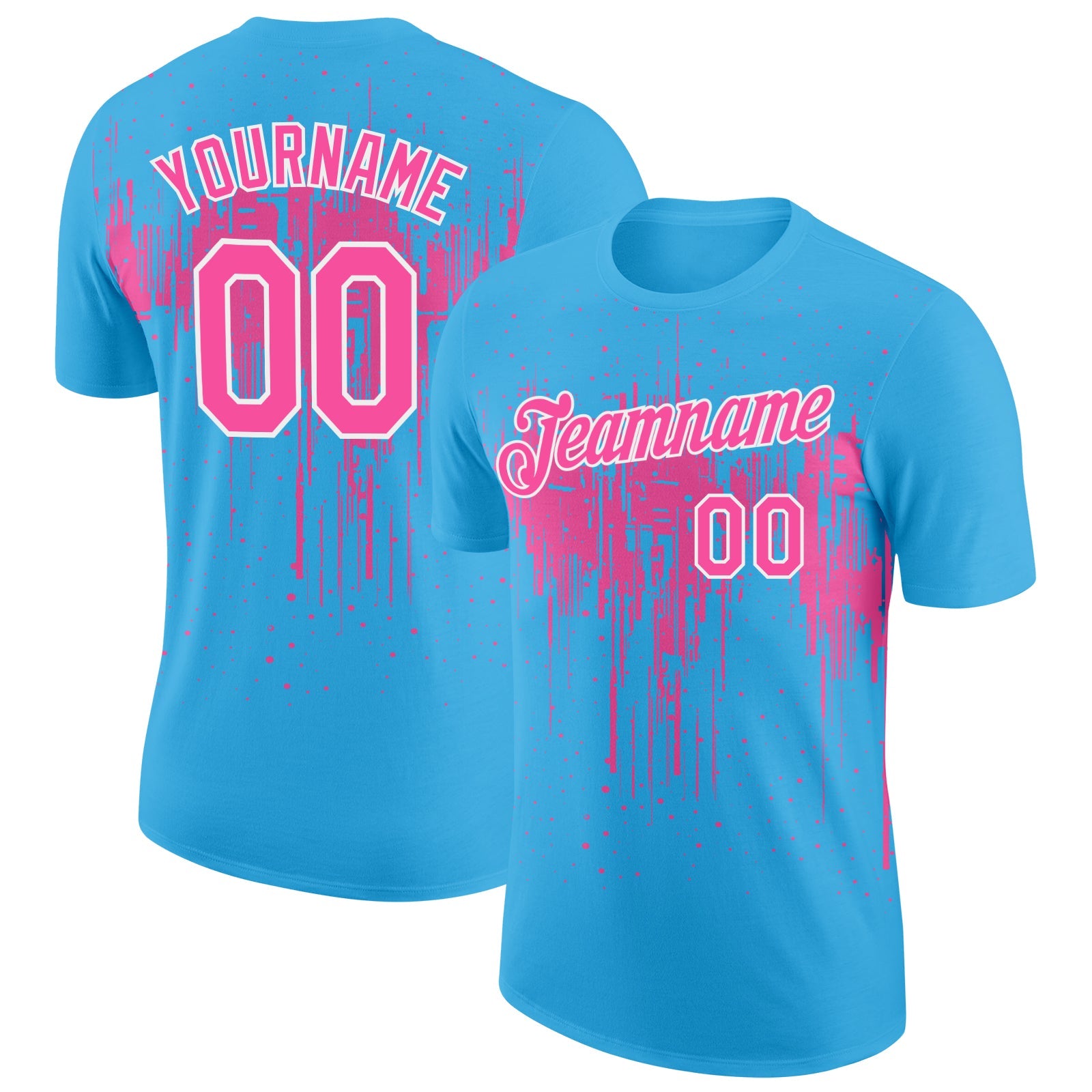 Custom Sky Blue Pink-White Dripping Splatter Paint Performance T-Shirt - Main View