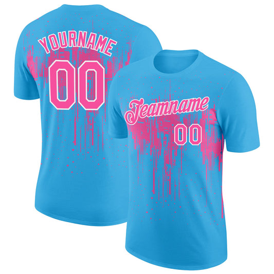 Custom Sky Blue Pink-White Dripping Splatter Paint Performance T-Shirt - Main View