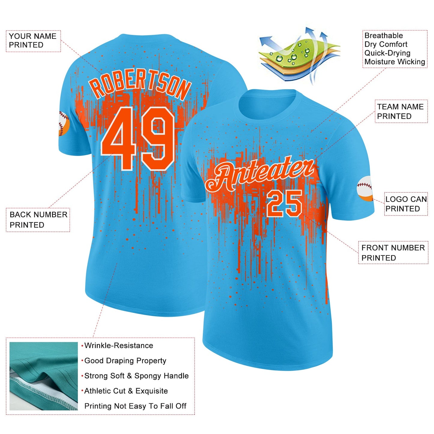 Custom Sky Blue Orange-White Dripping Splatter Paint Performance T-Shirt view 2