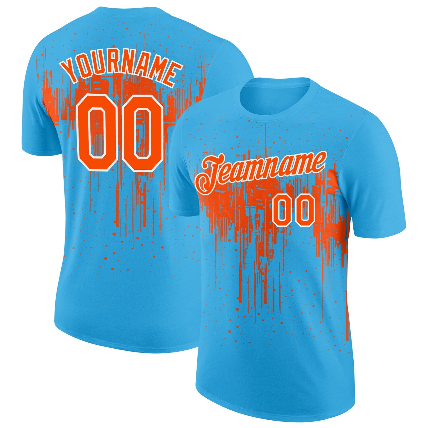 Custom Sky Blue Orange-White Dripping Splatter Paint Performance T-Shirt - Main View