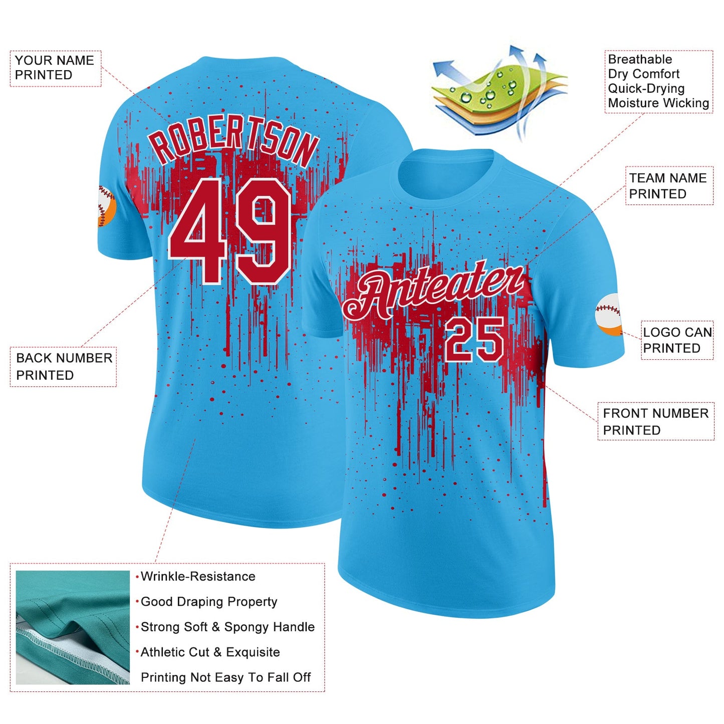 Custom Sky Blue Red-White Dripping Splatter Paint Performance T-Shirt view 2