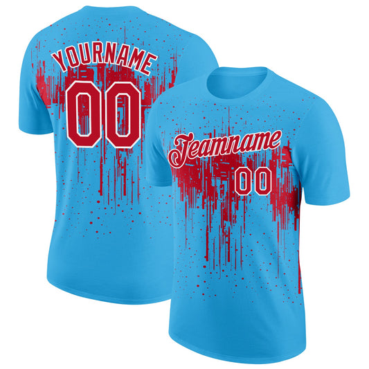Custom Sky Blue Red-White Dripping Splatter Paint Performance T-Shirt - Main View