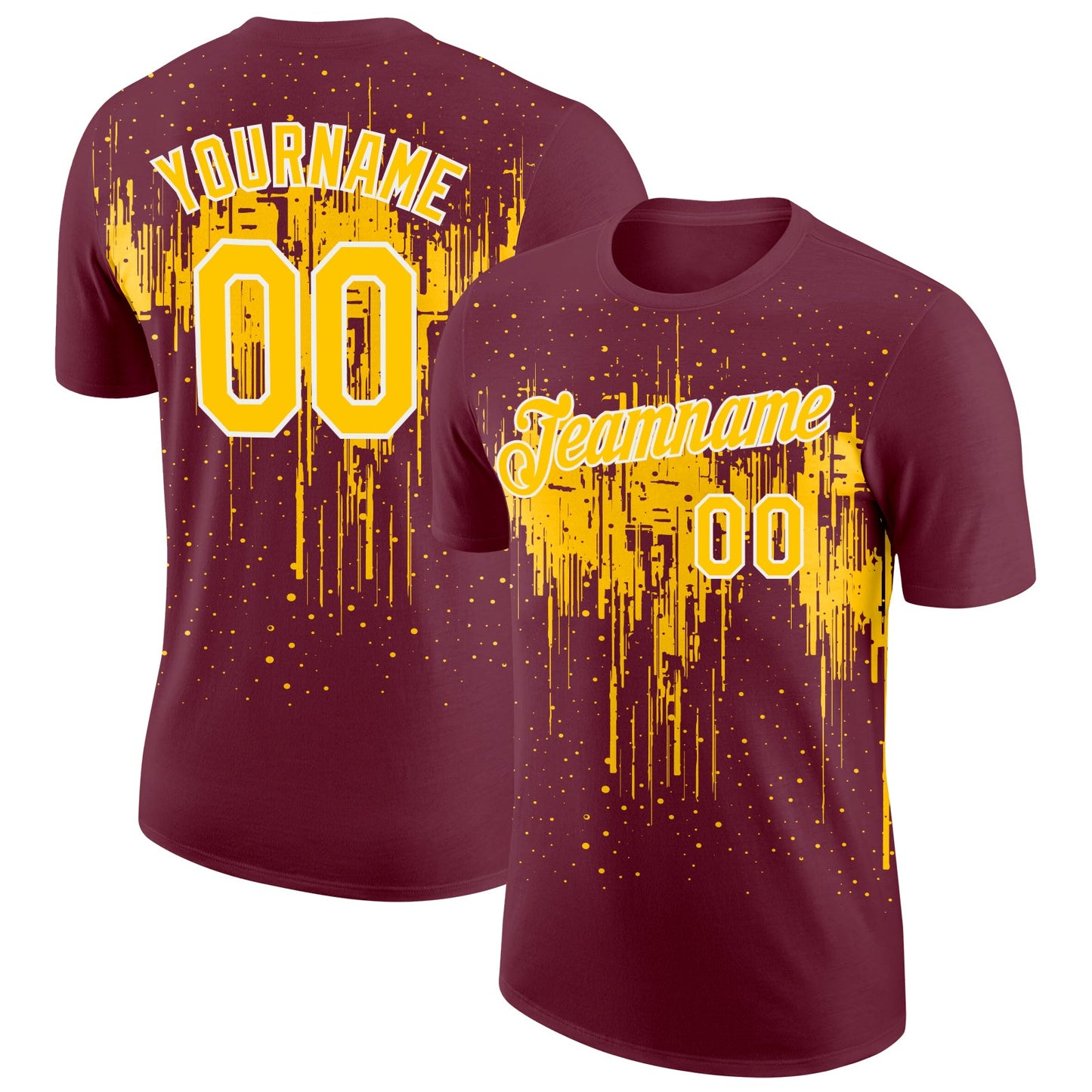 Custom Burgundy Yellow-White Dripping Splatter Paint Performance T-Shirt - Main View