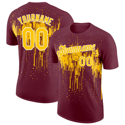 Custom Burgundy Yellow-White Dripping Splatter Paint Performance T-Shirt - Main View