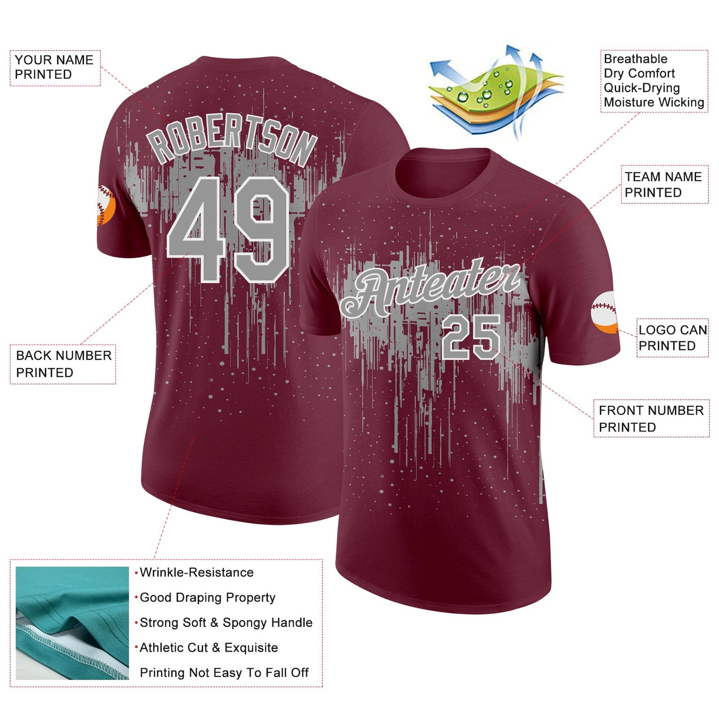 Custom Burgundy Gray-White Dripping Splatter Paint Performance T-Shirt view 2