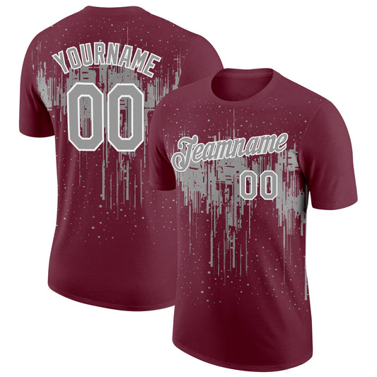 Custom Burgundy Gray-White Dripping Splatter Paint Performance T-Shirt - Main View