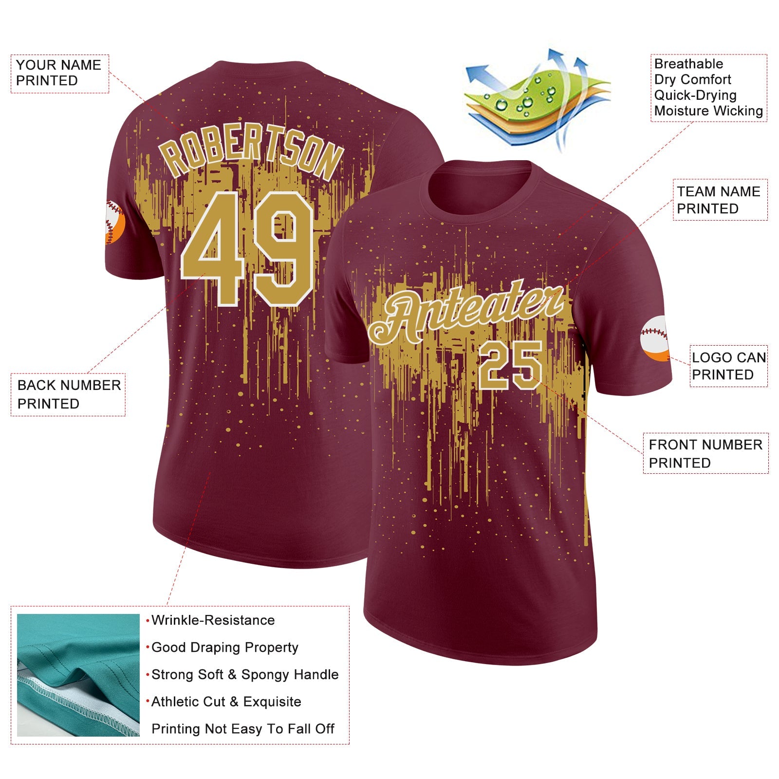 Custom Burgundy Old Gold-White Dripping Splatter Paint Performance T-Shirt view 2