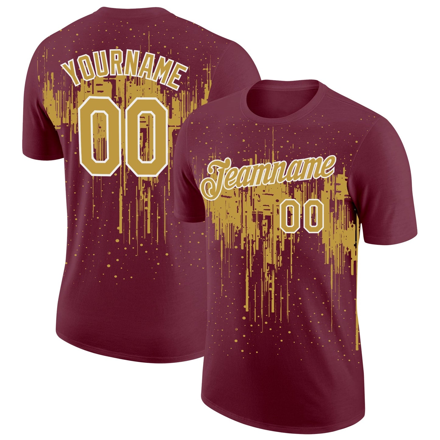 Custom Burgundy Old Gold-White Dripping Splatter Paint Performance T-Shirt - Main View