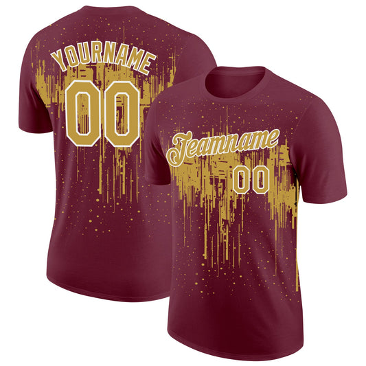 Custom Burgundy Old Gold-White Dripping Splatter Paint Performance T-Shirt - Main View