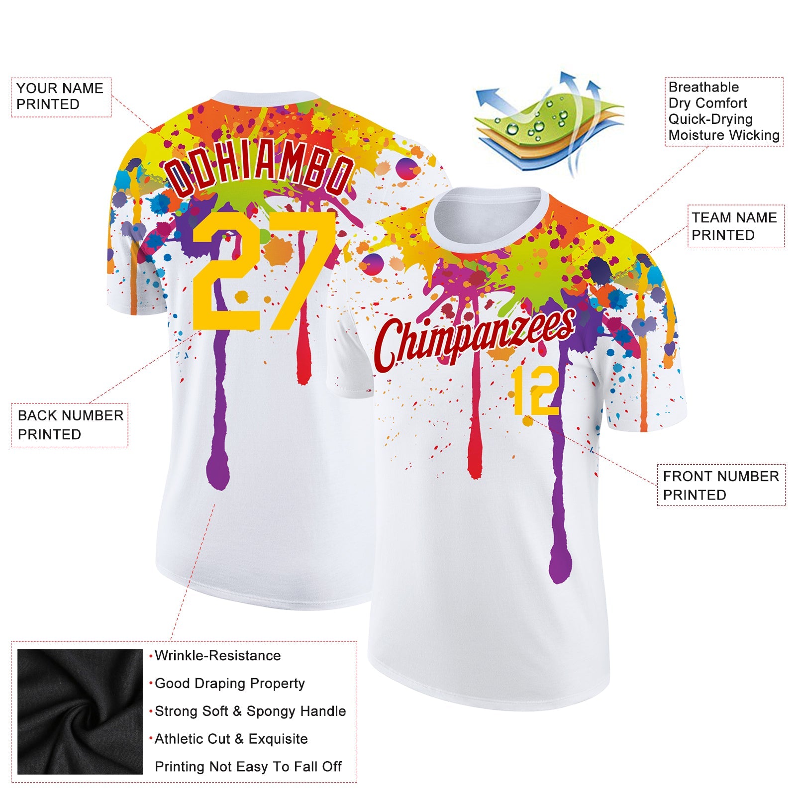 Custom White Yellow-Red 3D Pattern Design Colorful Bright Ink Splashes Performance T-Shirt view 2