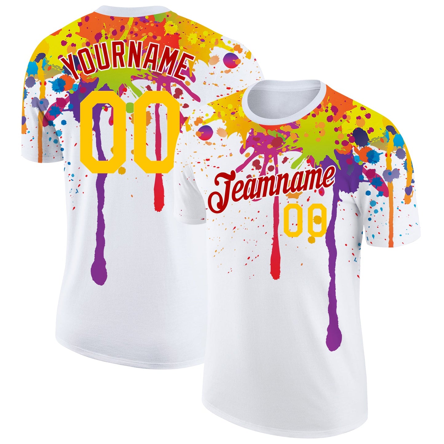 Custom White Yellow-Red 3D Pattern Design Colorful Bright Ink Splashes Performance T-Shirt - Main View
