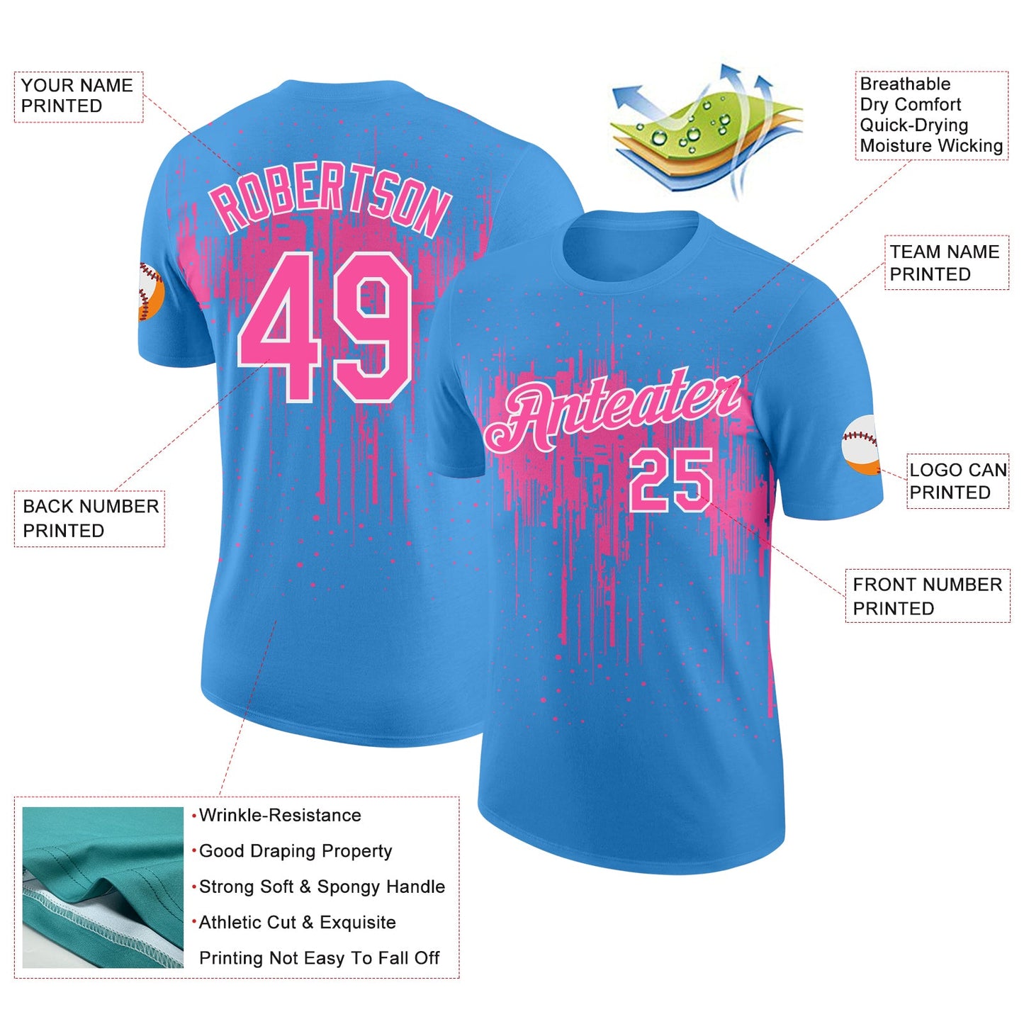 Custom Powder Blue Pink-White Dripping Splatter Paint Performance T-Shirt view 2