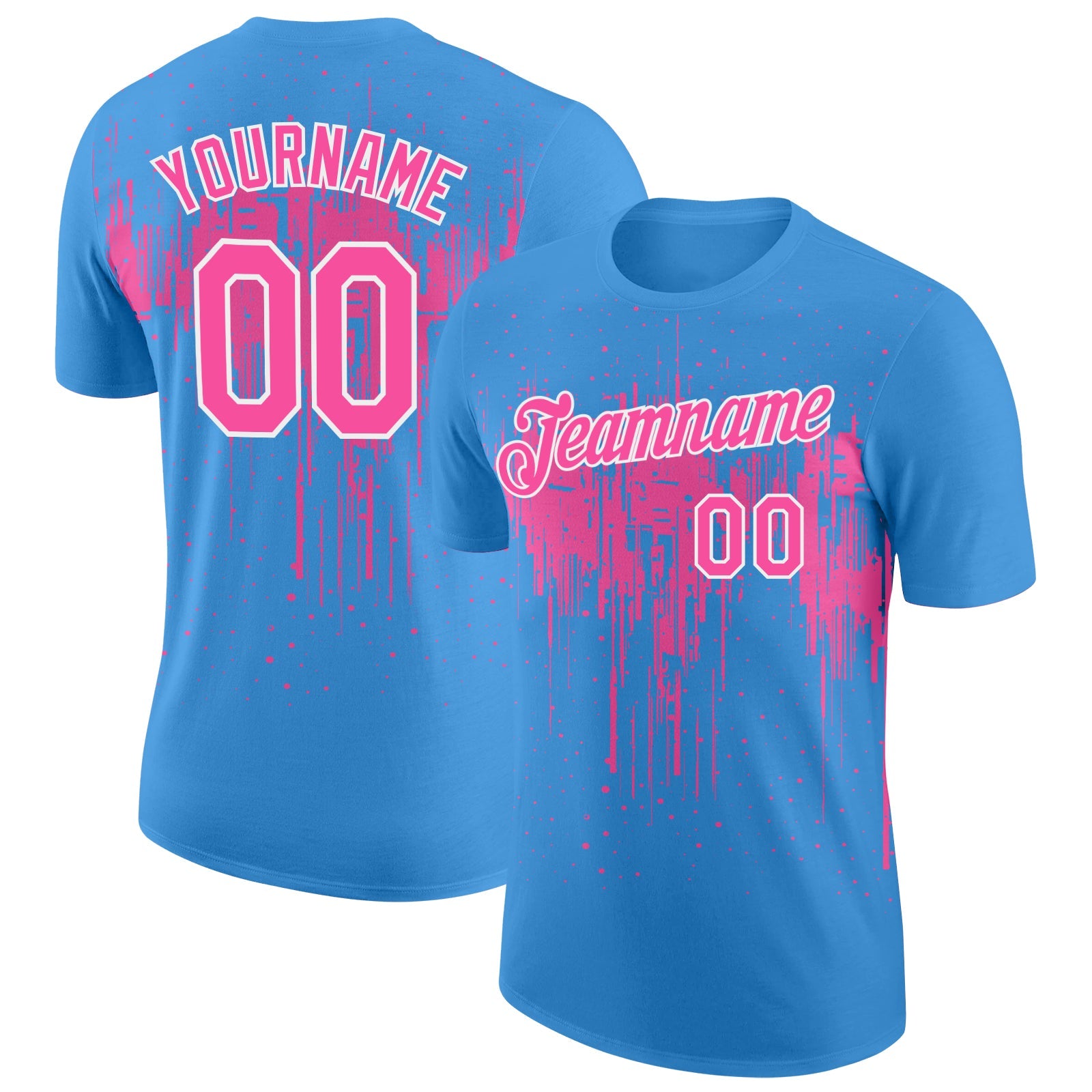 Custom Powder Blue Pink-White Dripping Splatter Paint Performance T-Shirt - Main View