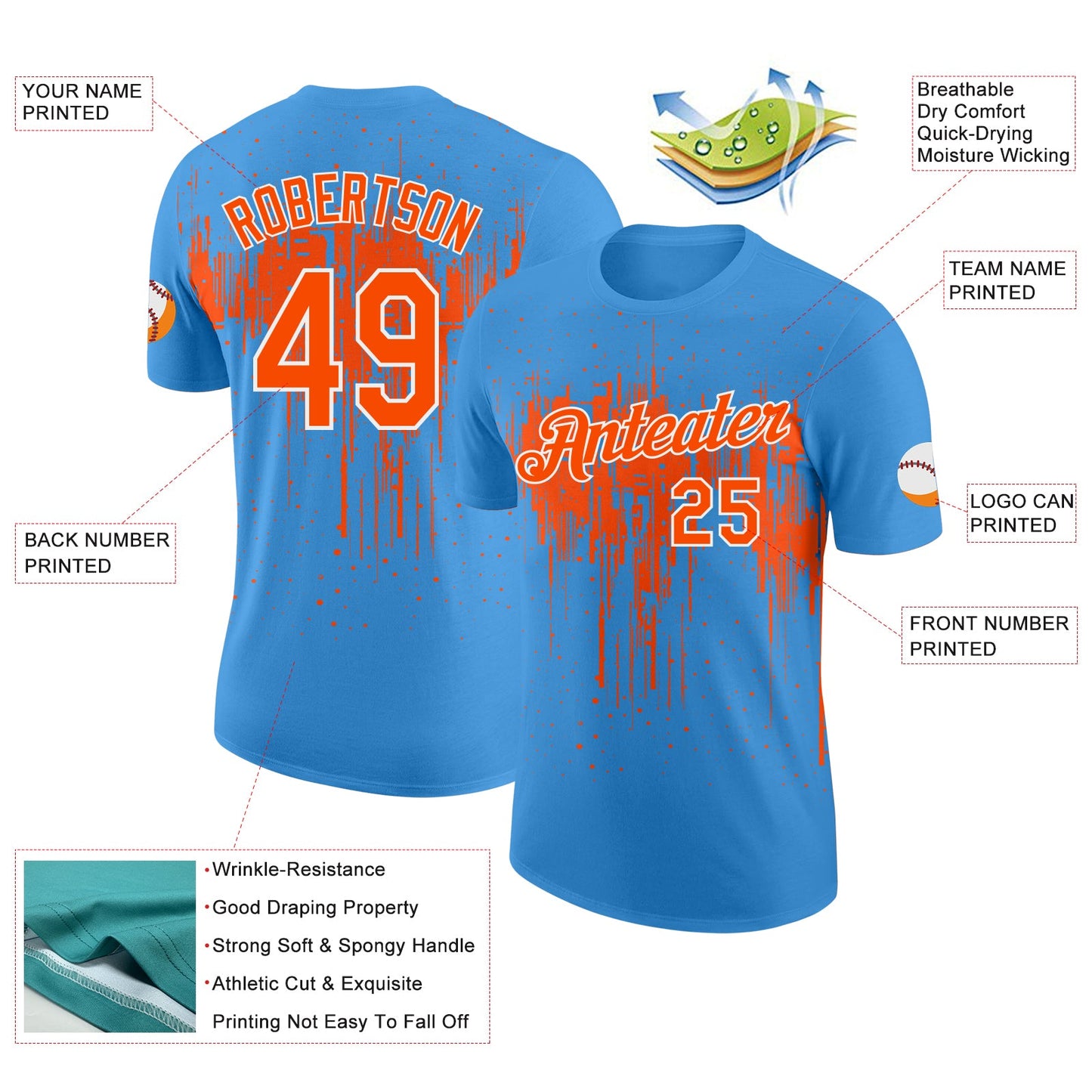 Custom Powder Blue Orange-White Dripping Splatter Paint Performance T-Shirt view 2