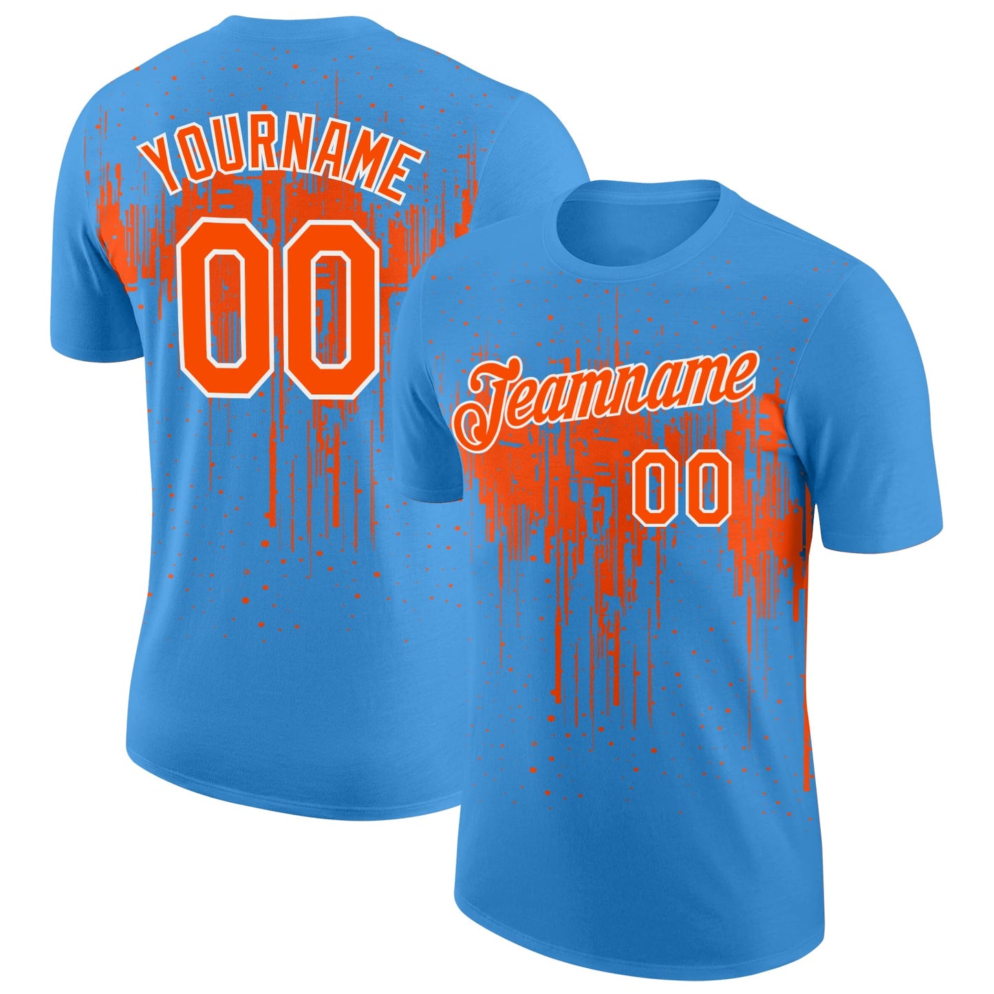 Custom Powder Blue Orange-White Dripping Splatter Paint Performance T-Shirt - Main View