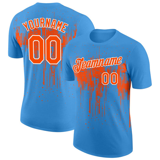 Custom Powder Blue Orange-White Dripping Splatter Paint Performance T-Shirt - Main View