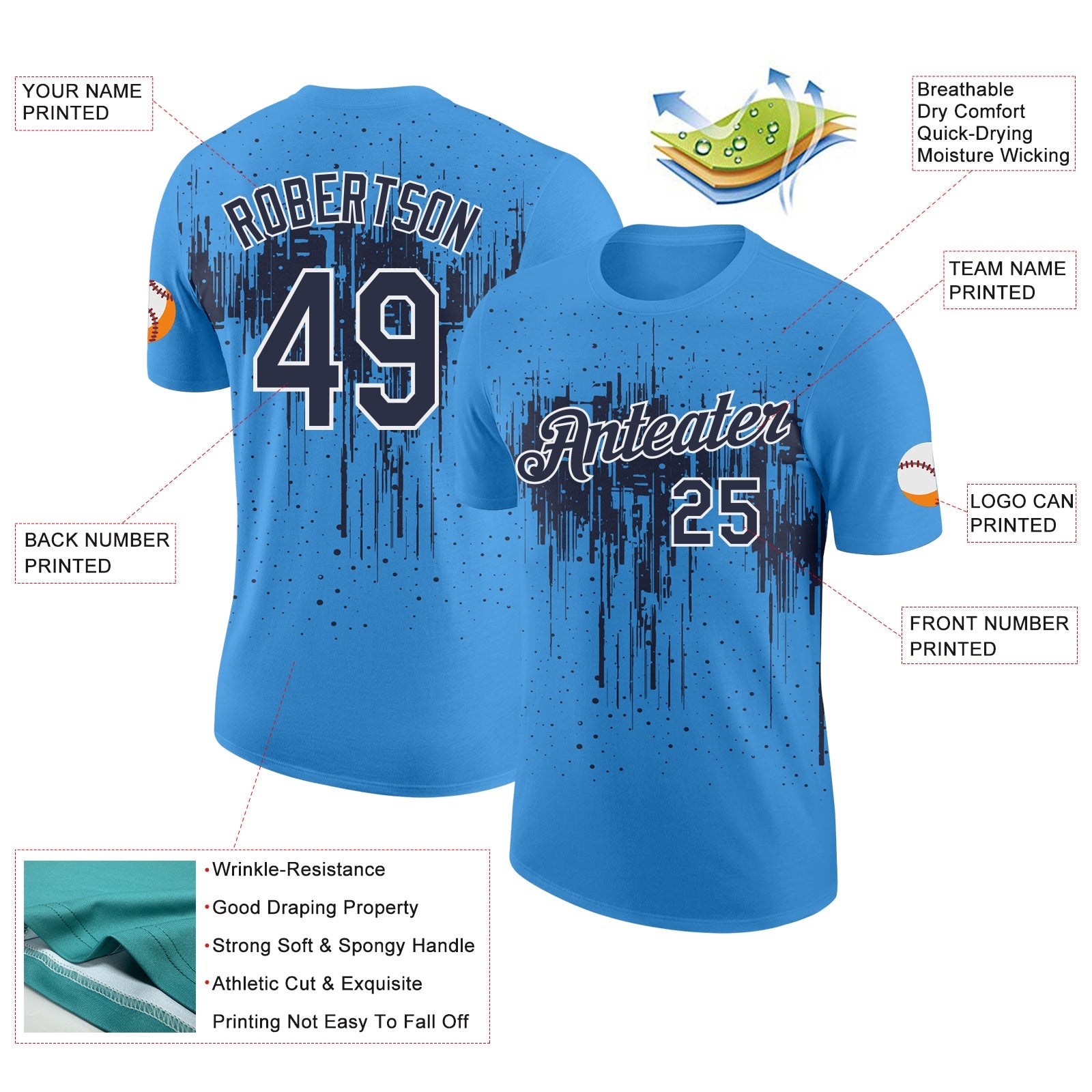 Custom Powder Blue Navy-White Dripping Splatter Paint Performance T-Shirt view 2