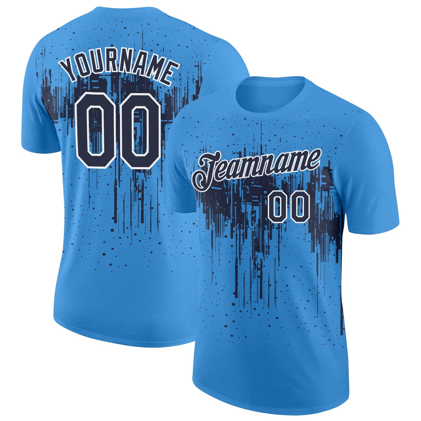 Custom Powder Blue Navy-White Dripping Splatter Paint Performance T-Shirt - Main View
