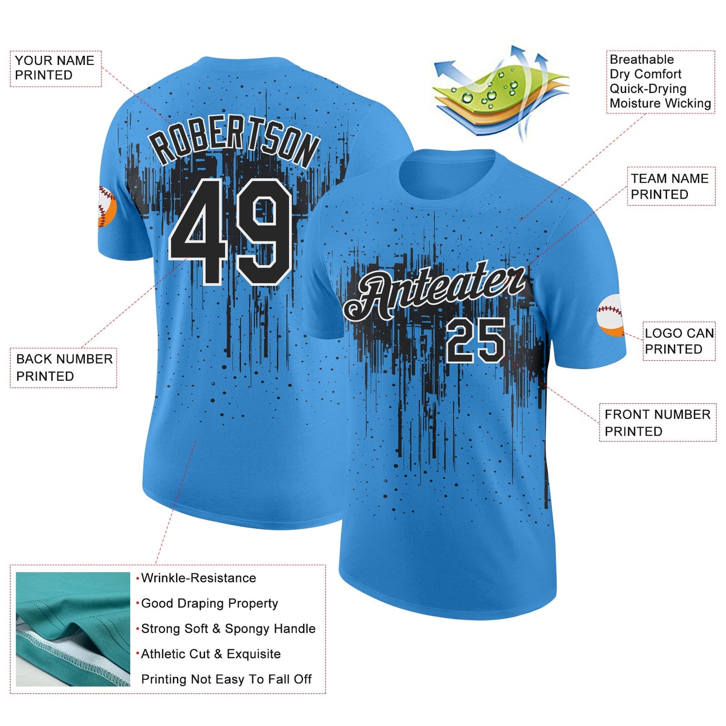 Custom Powder Blue Black-White Dripping Splatter Paint Performance T-Shirt view 2