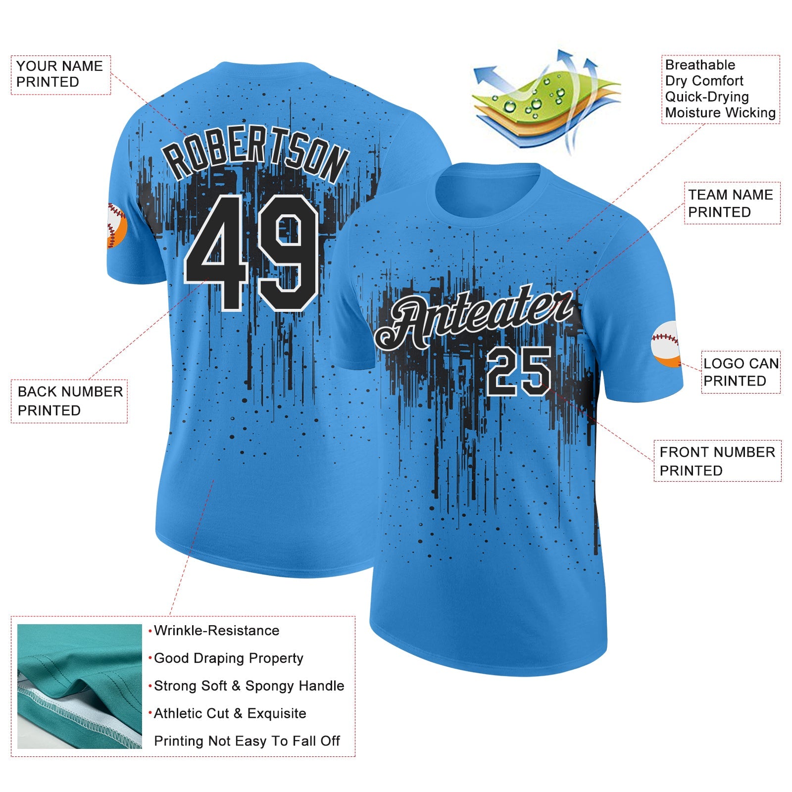 Custom Powder Blue Black-White Dripping Splatter Paint Performance T-Shirt view 2