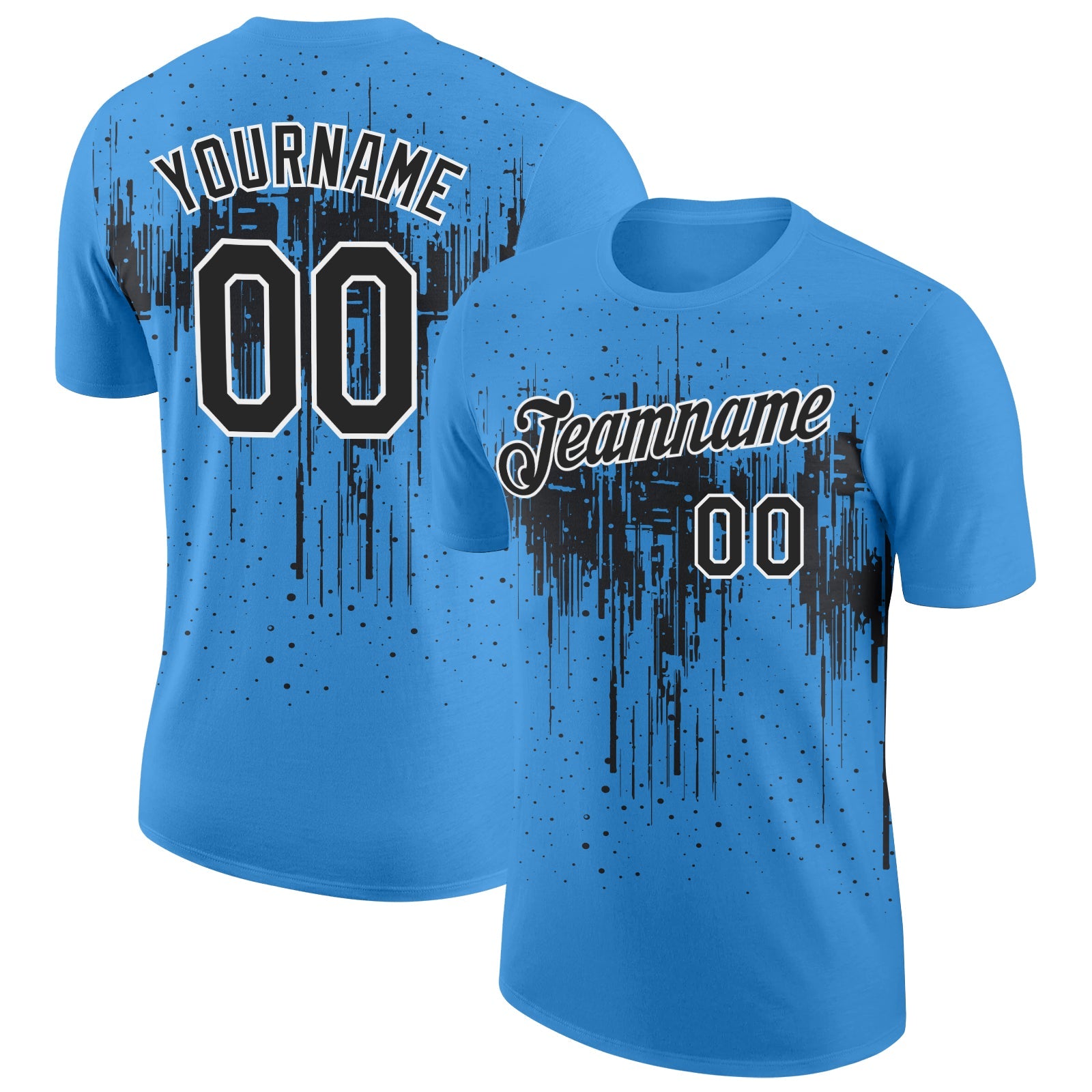Custom Powder Blue Black-White Dripping Splatter Paint Performance T-Shirt - Main View