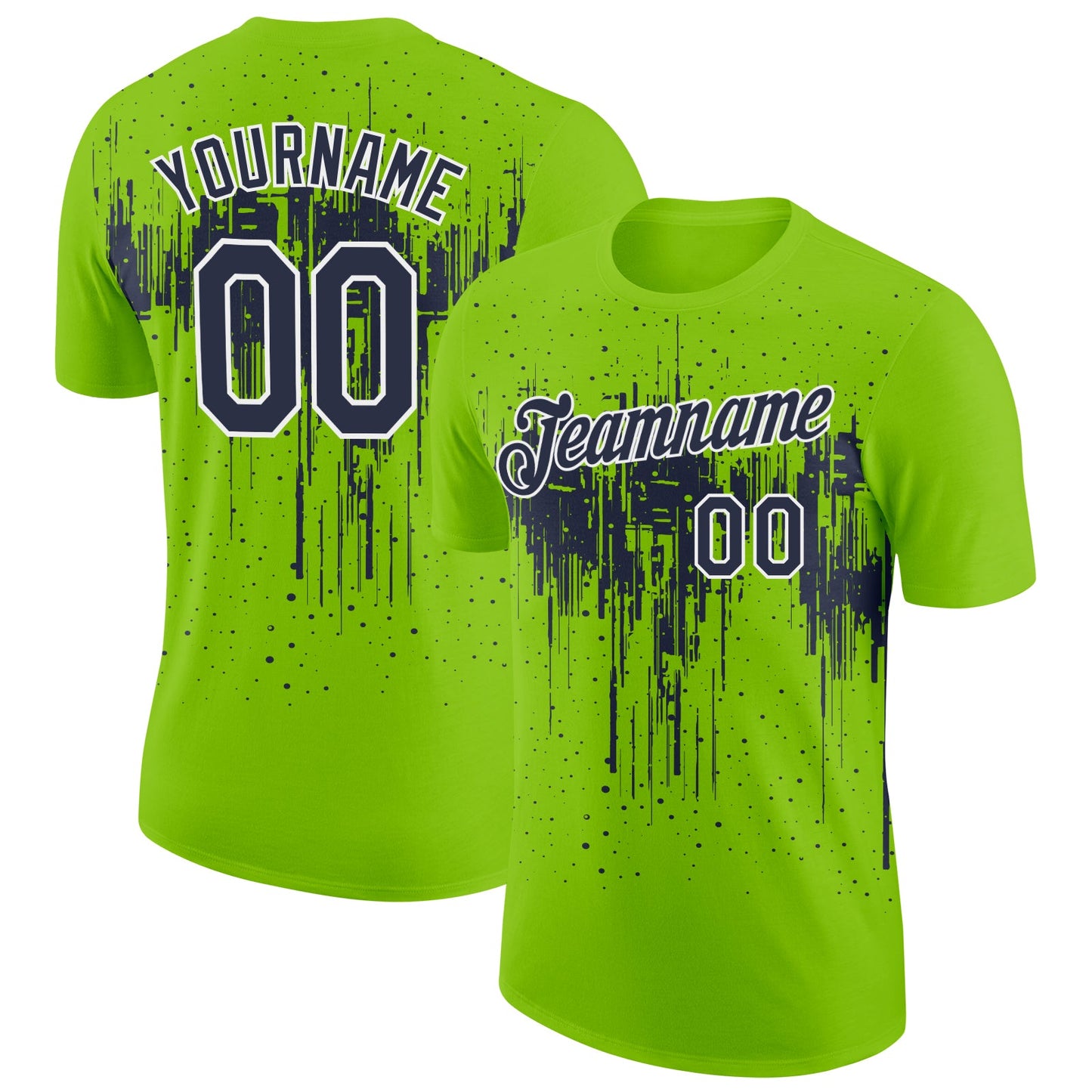 Custom Neon Green Navy-White Dripping Splatter Paint Performance T-Shirt - Main View