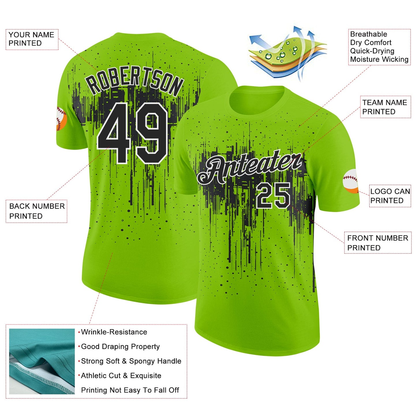 Custom Neon Green Black-White Dripping Splatter Paint Performance T-Shirt view 2