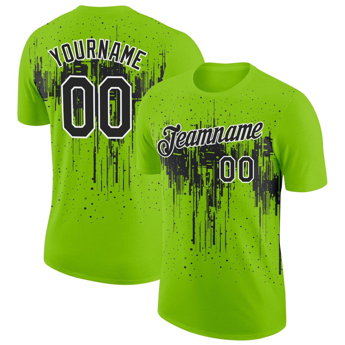 Custom Neon Green Black-White Dripping Splatter Paint Performance T-Shirt - Main View