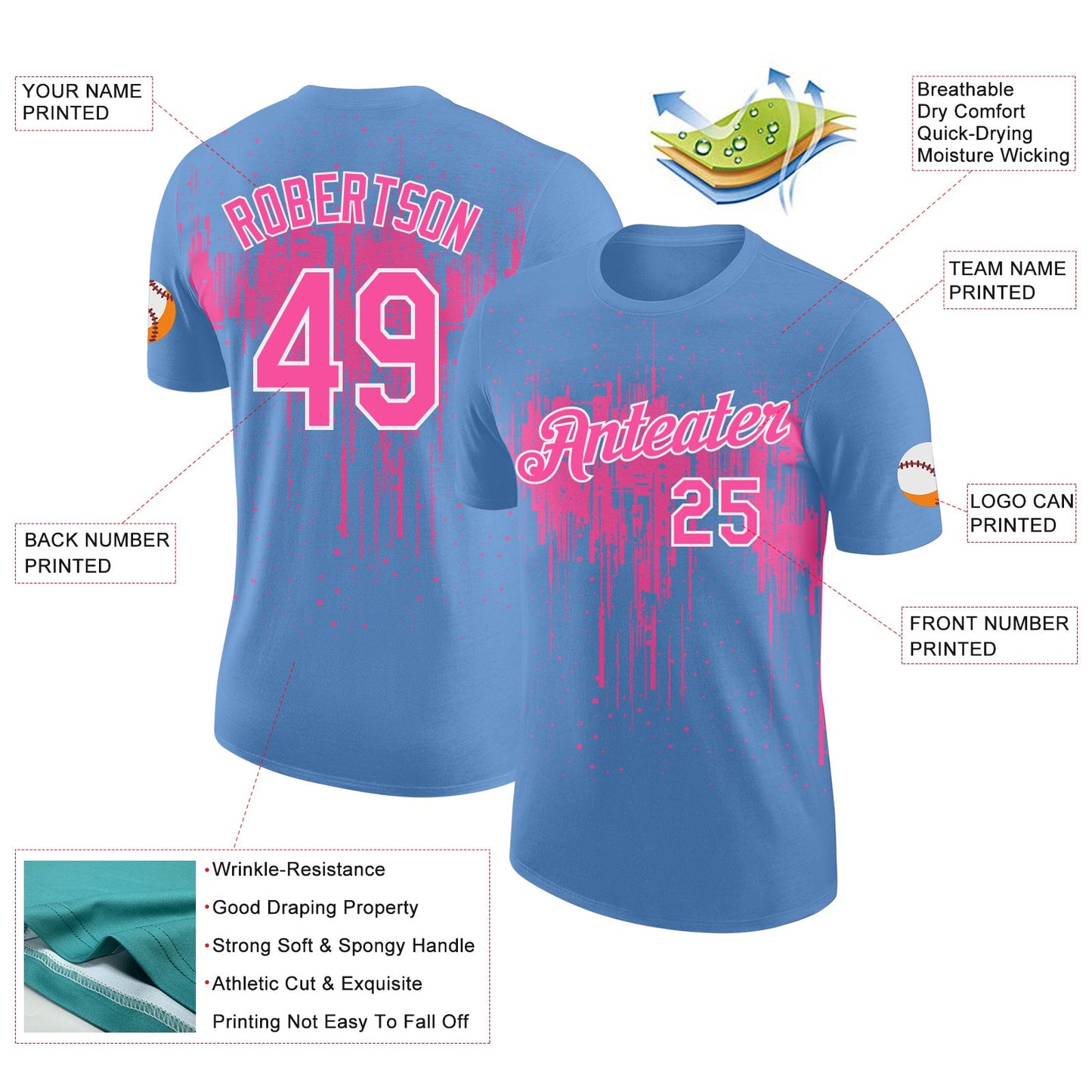 Custom Light Blue Pink-White Dripping Splatter Paint Performance T-Shirt view 2