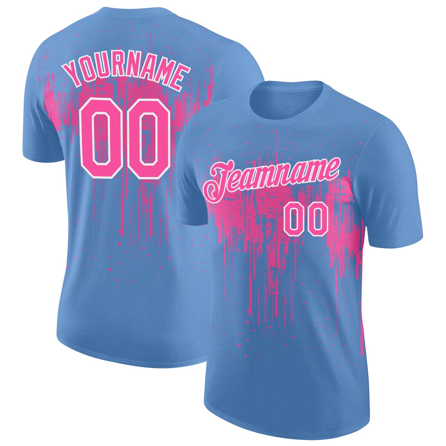 Custom Light Blue Pink-White Dripping Splatter Paint Performance T-Shirt - Main View