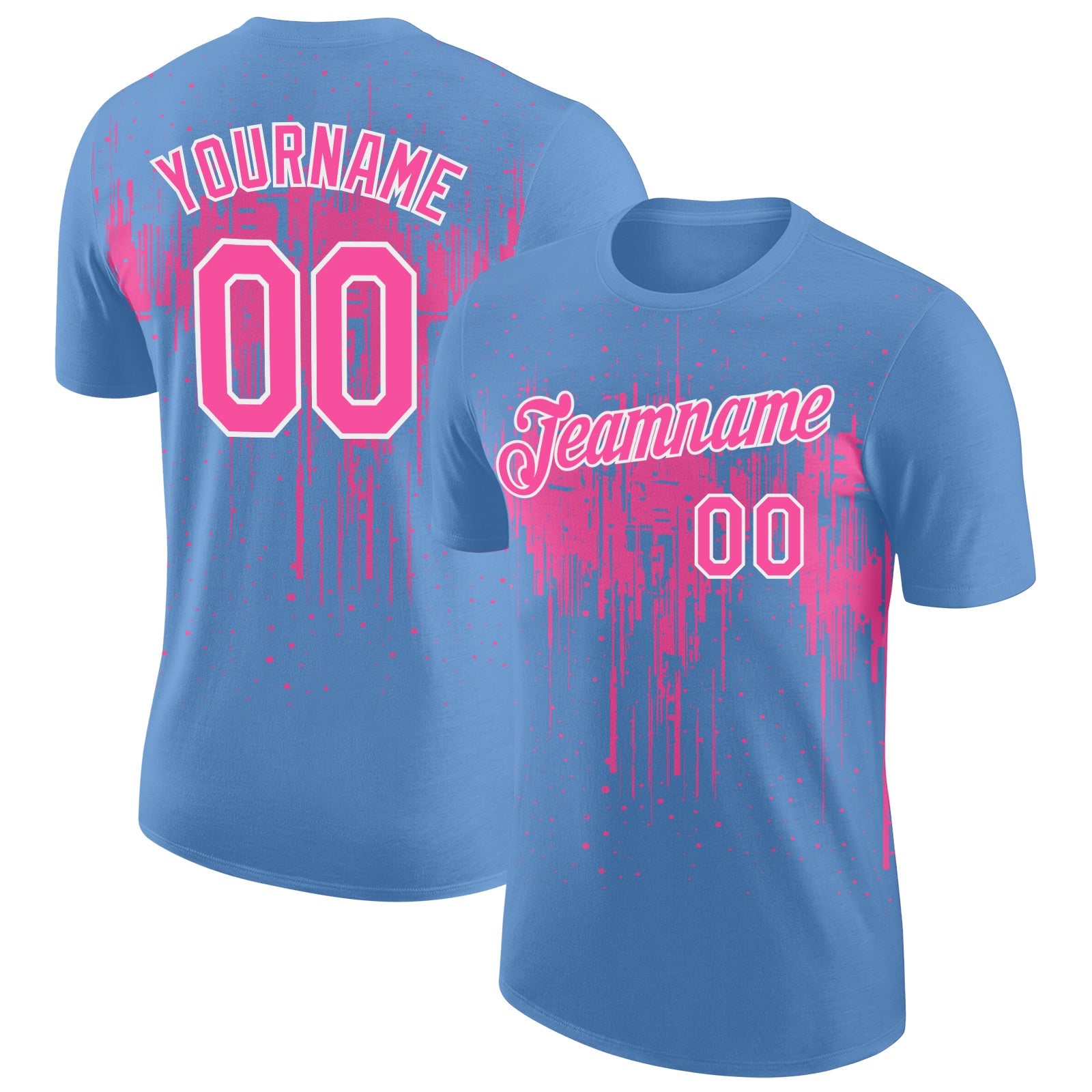 Custom Light Blue Pink-White Dripping Splatter Paint Performance T-Shirt - Main View