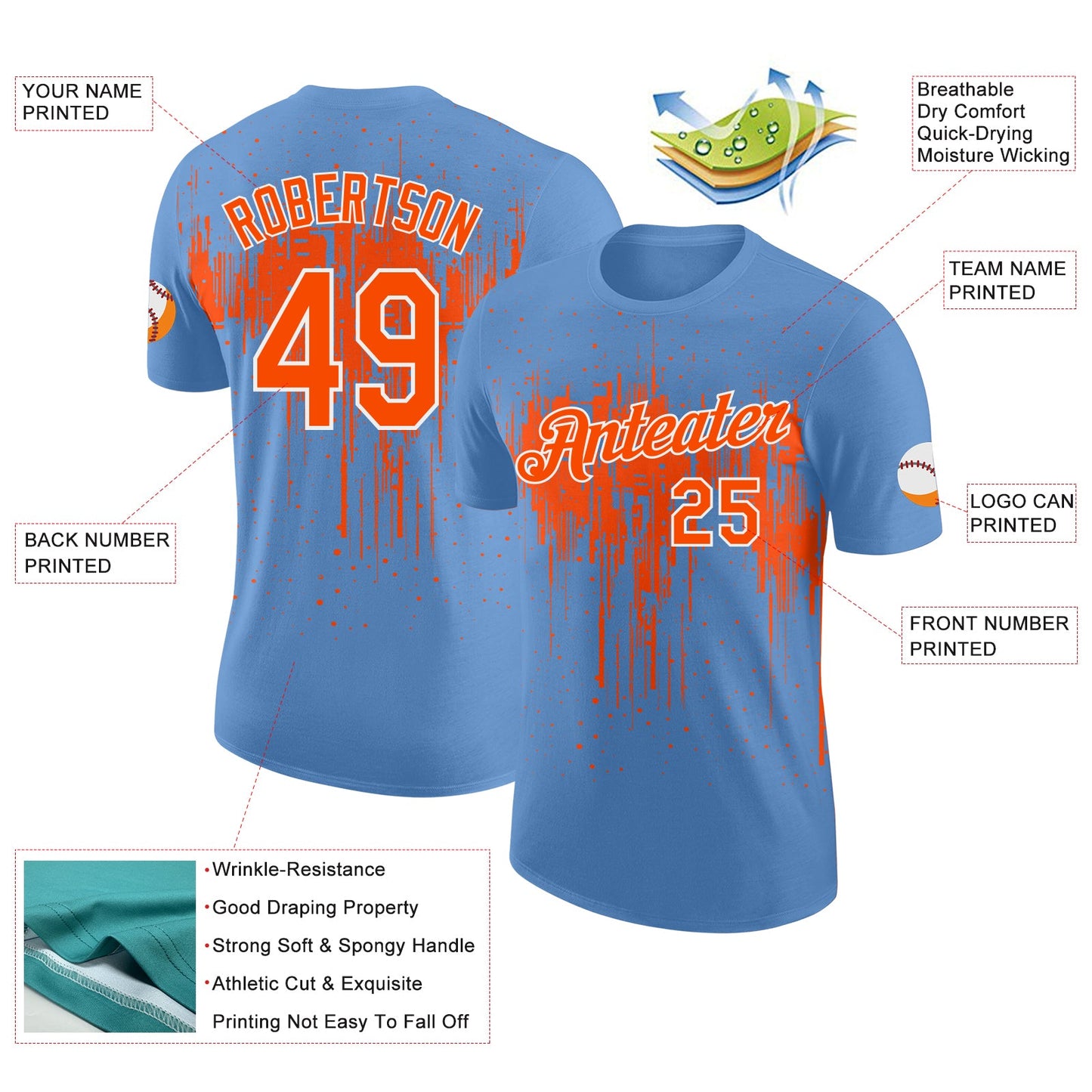 Custom Light Blue Orange-White Dripping Splatter Paint Performance T-Shirt view 2
