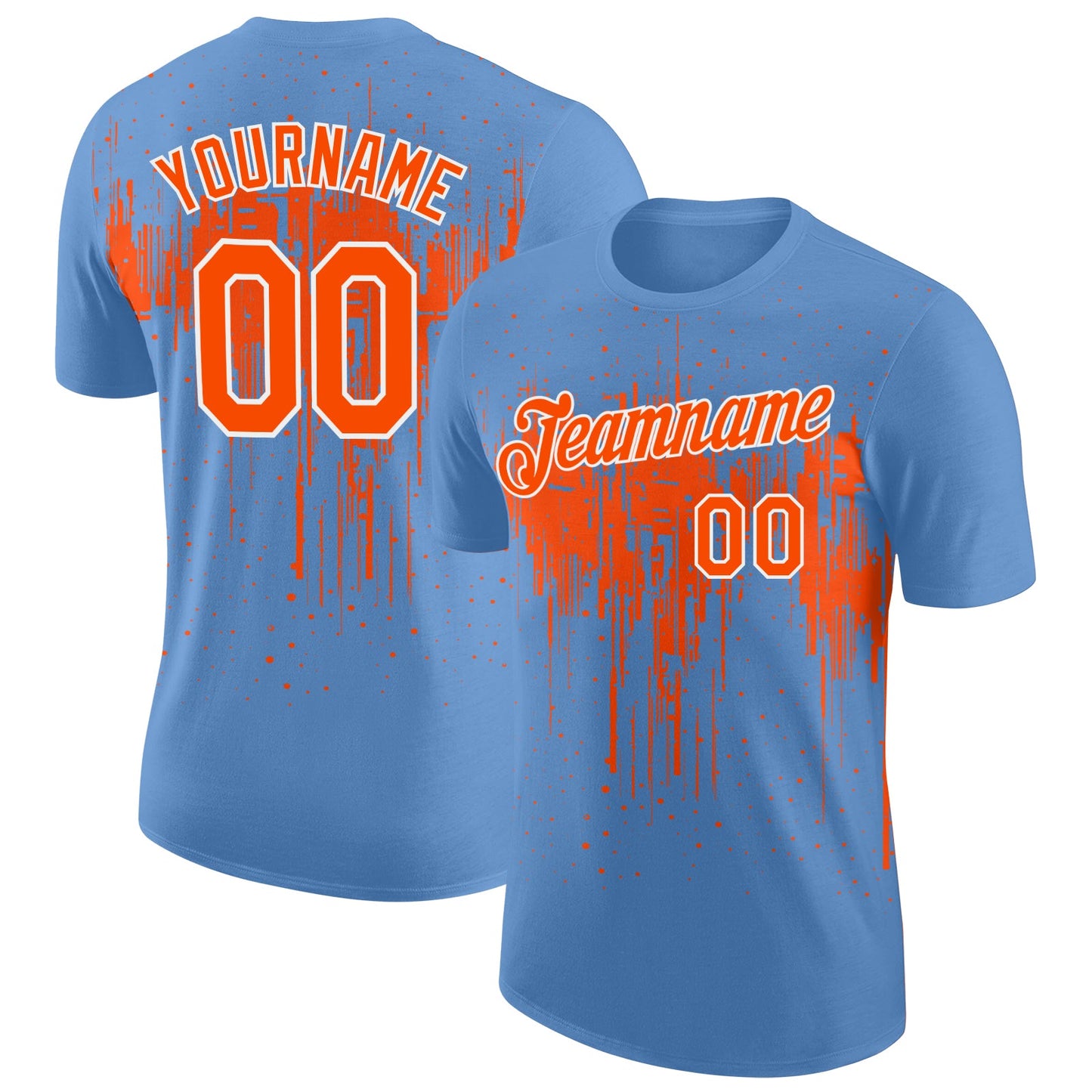 Custom Light Blue Orange-White Dripping Splatter Paint Performance T-Shirt - Main View