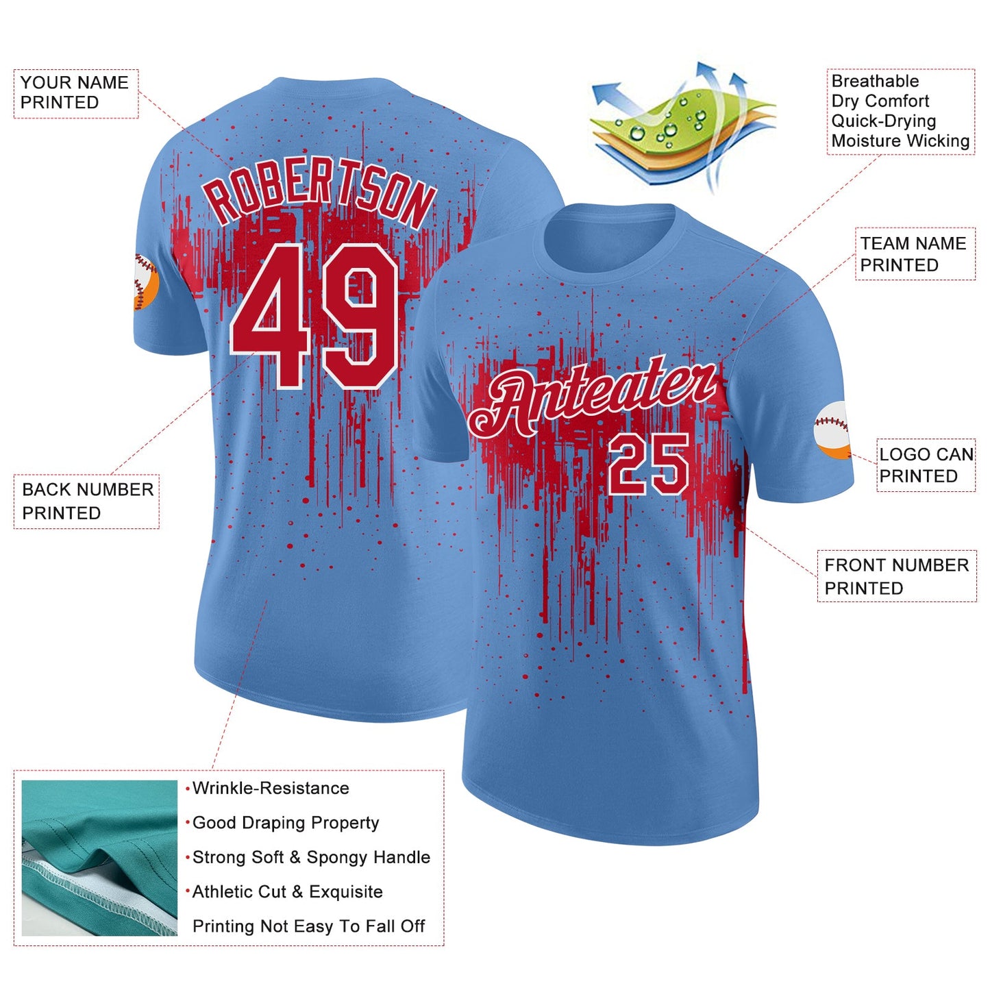 Custom Light Blue Red-White Dripping Splatter Paint Performance T-Shirt view 2