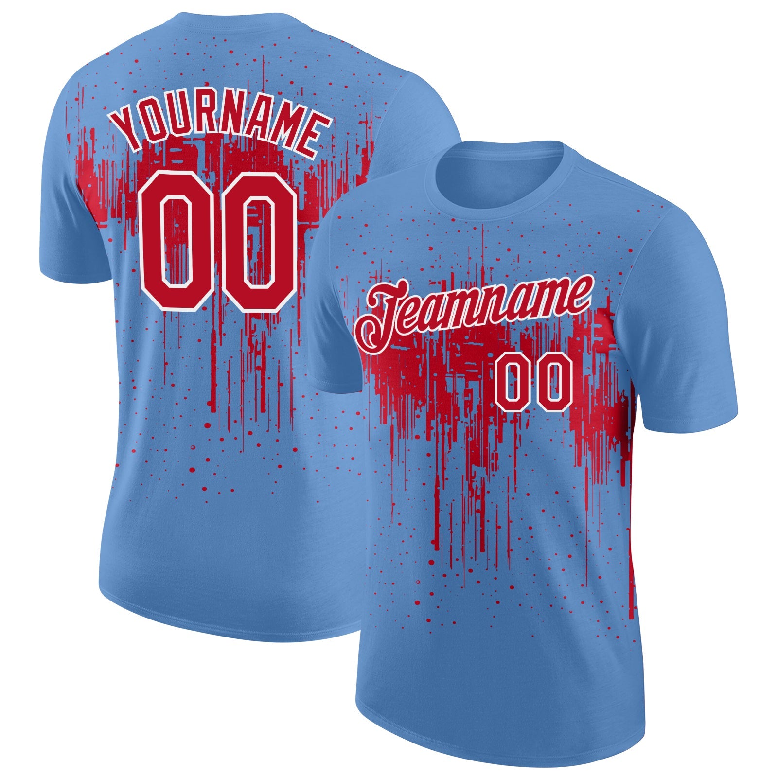 Custom Light Blue Red-White Dripping Splatter Paint Performance T-Shirt - Main View