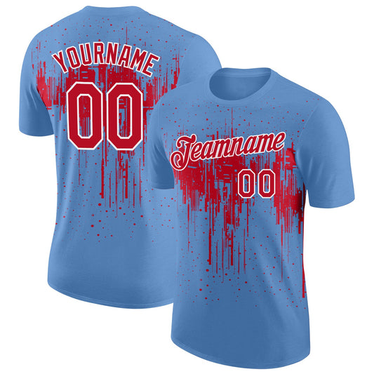 Custom Light Blue Red-White Dripping Splatter Paint Performance T-Shirt - Main View