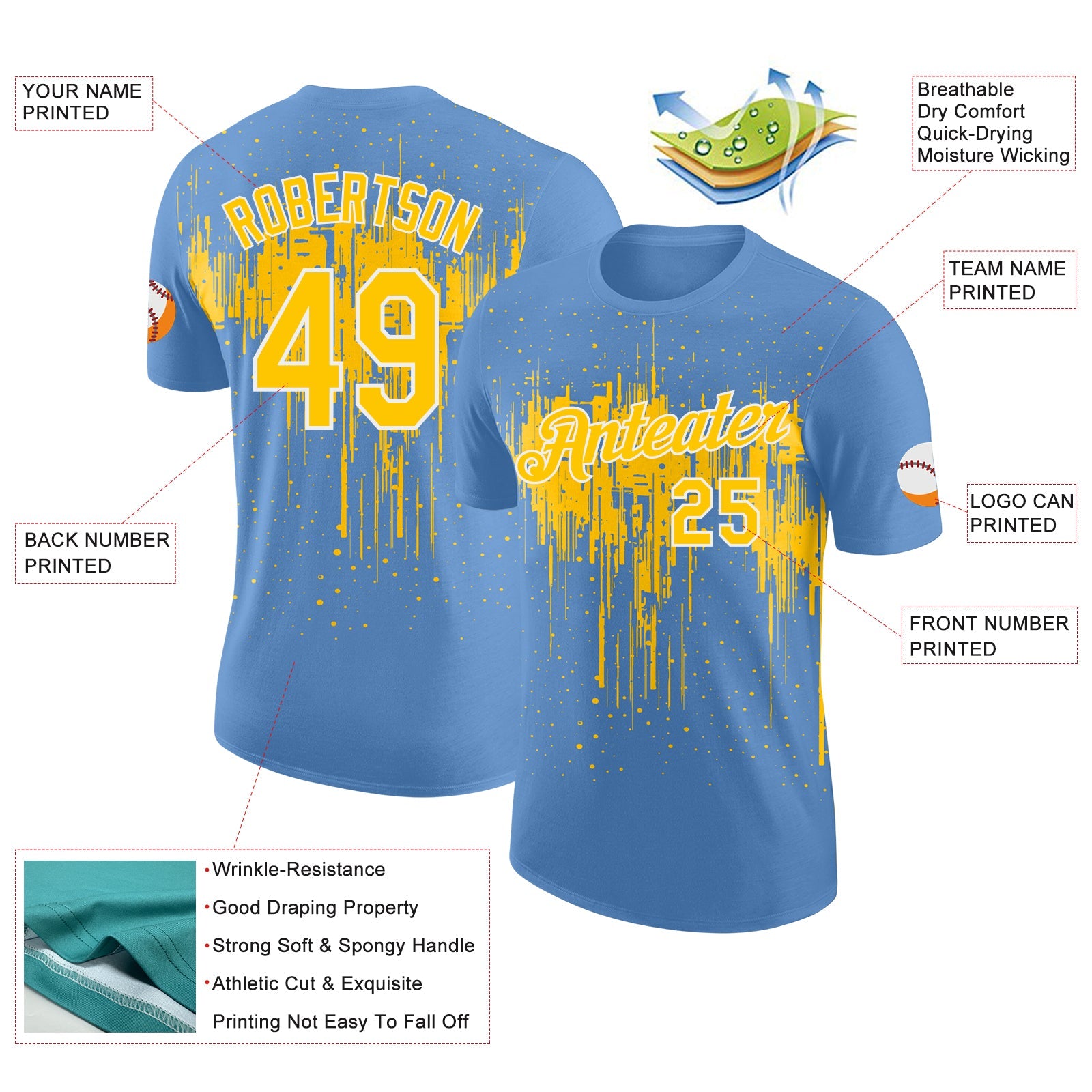 Custom Light Blue Yellow-White Dripping Splatter Paint Performance T-Shirt view 2