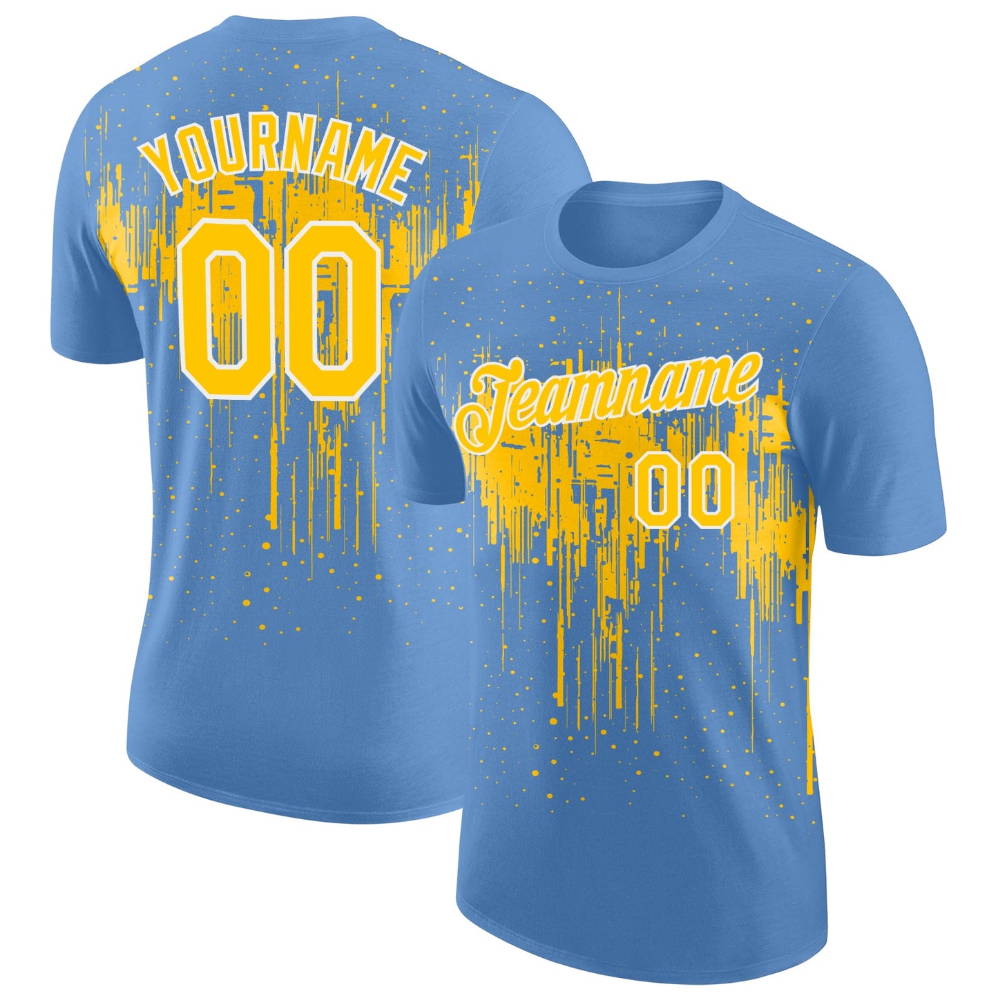 Custom Light Blue Yellow-White Dripping Splatter Paint Performance T-Shirt - Main View