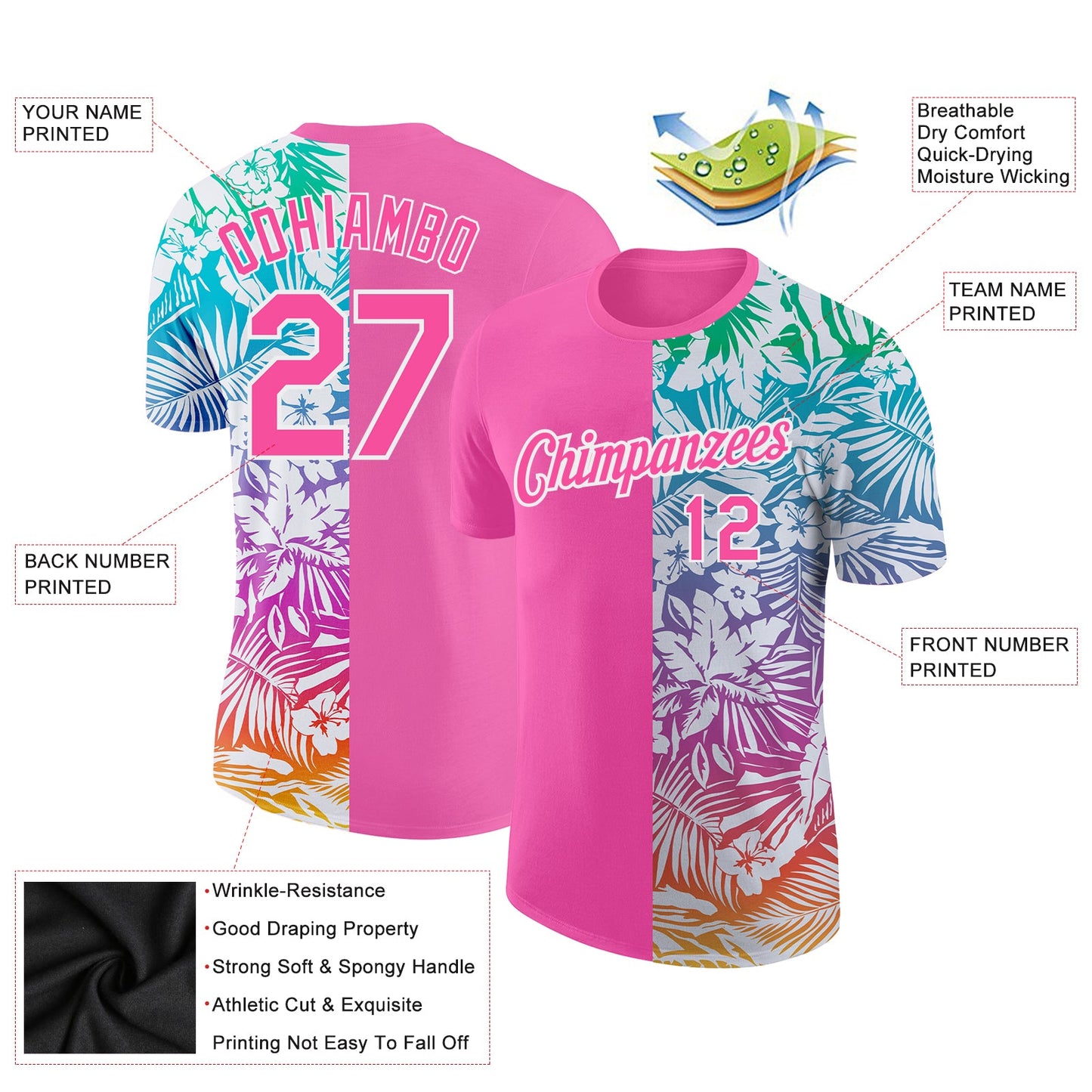 Custom Pink White 3D Pattern Design Tropical Palm Leaves Performance T-Shirt view 2