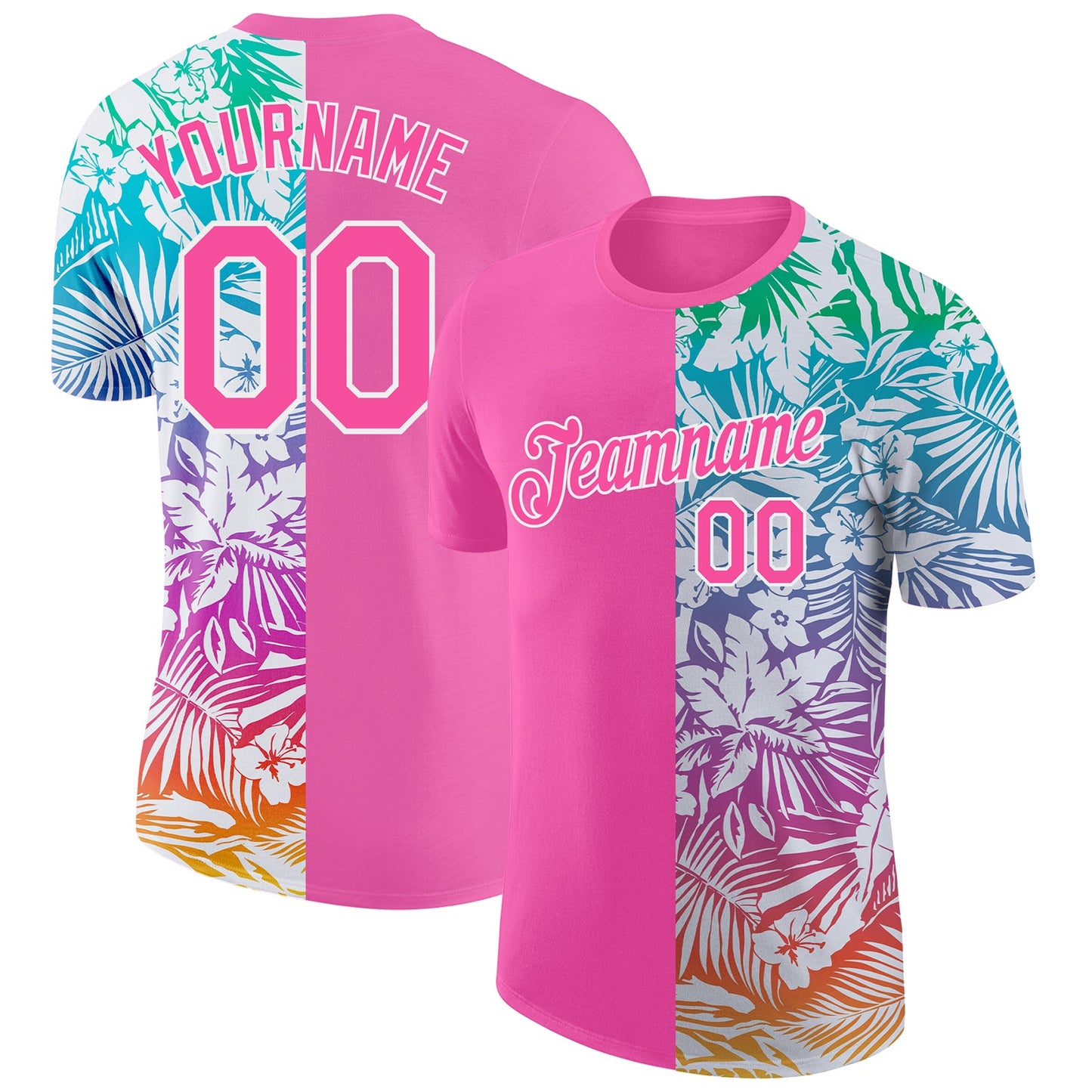 Custom Pink White 3D Pattern Design Tropical Palm Leaves Performance T-Shirt - Main View