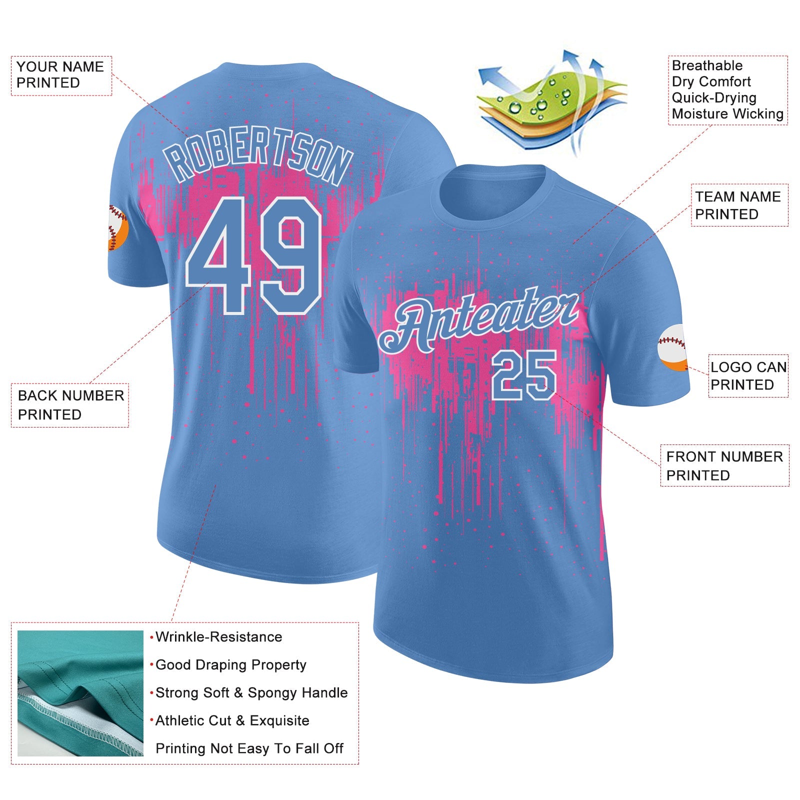 Custom Light Blue Pink-White Dripping Splatter Paint Performance T-Shirt view 2